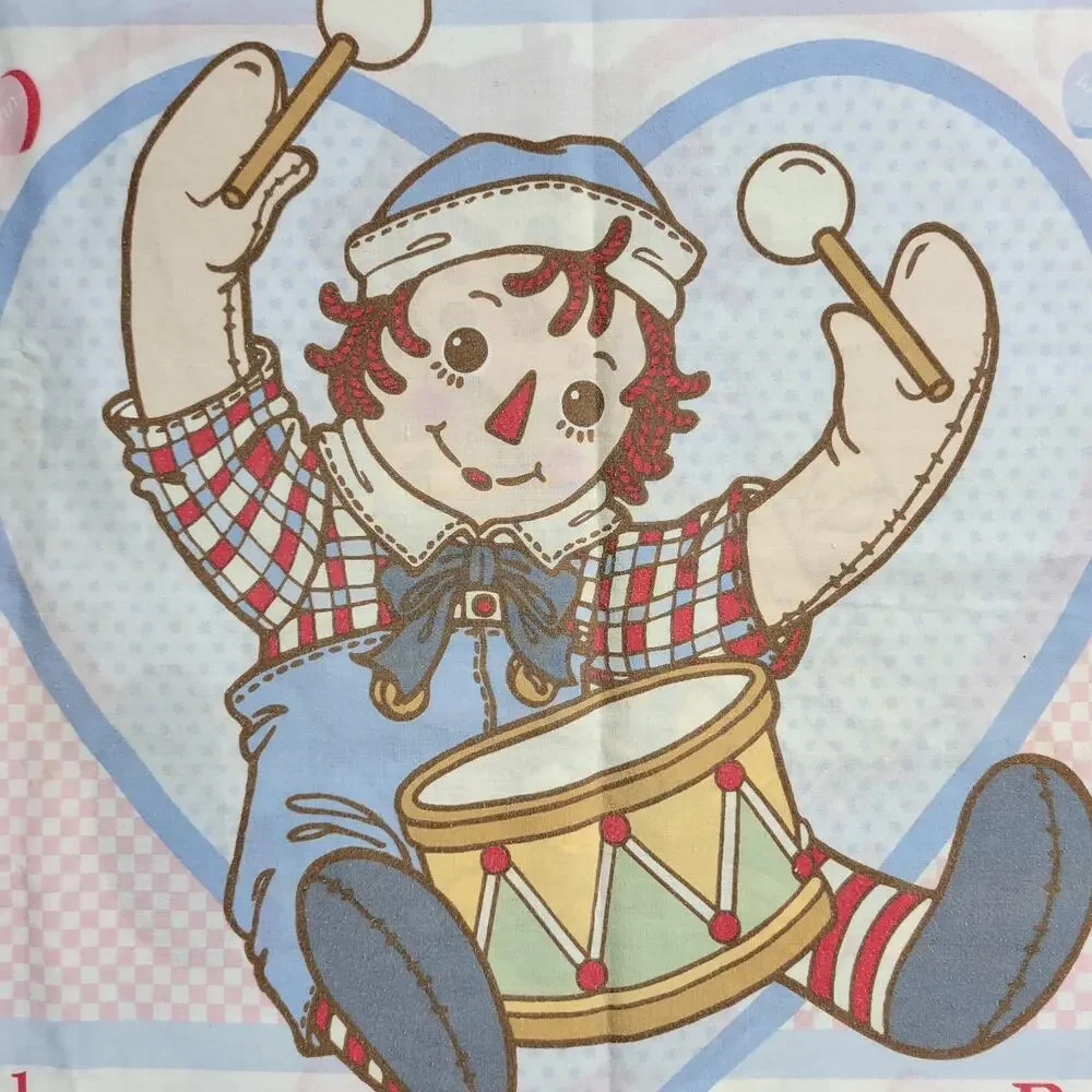 Vintage Raggedy Ann & Andy Pillowcase 29x20 Fabric Panel Red Hearts Gingham